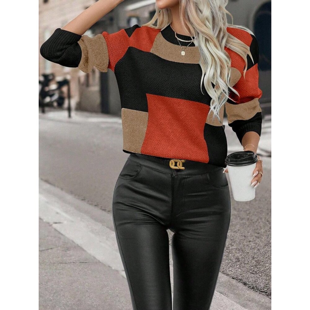 Color Block Patchwork Pullover Sweater For Women … - image 7